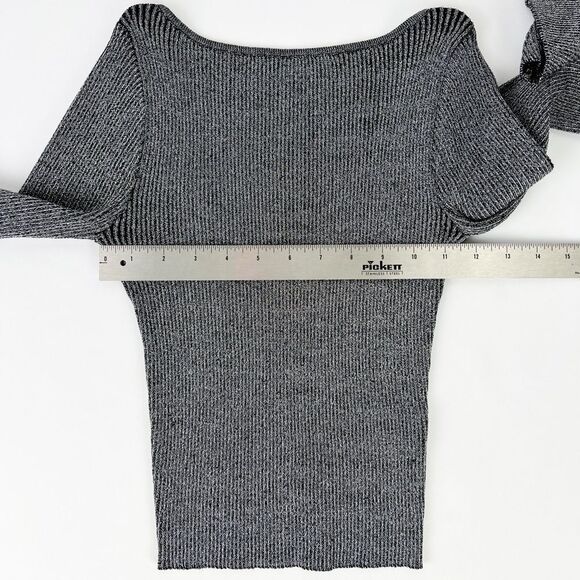 H&M Divided Silver Black Ribbed Lurex Long Bell Sleeves Reversible Top Blouse XS - Picture 4 of 6